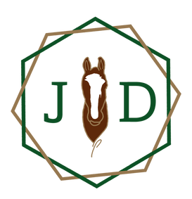JD Photography logo, green and gold with horse in the middle
